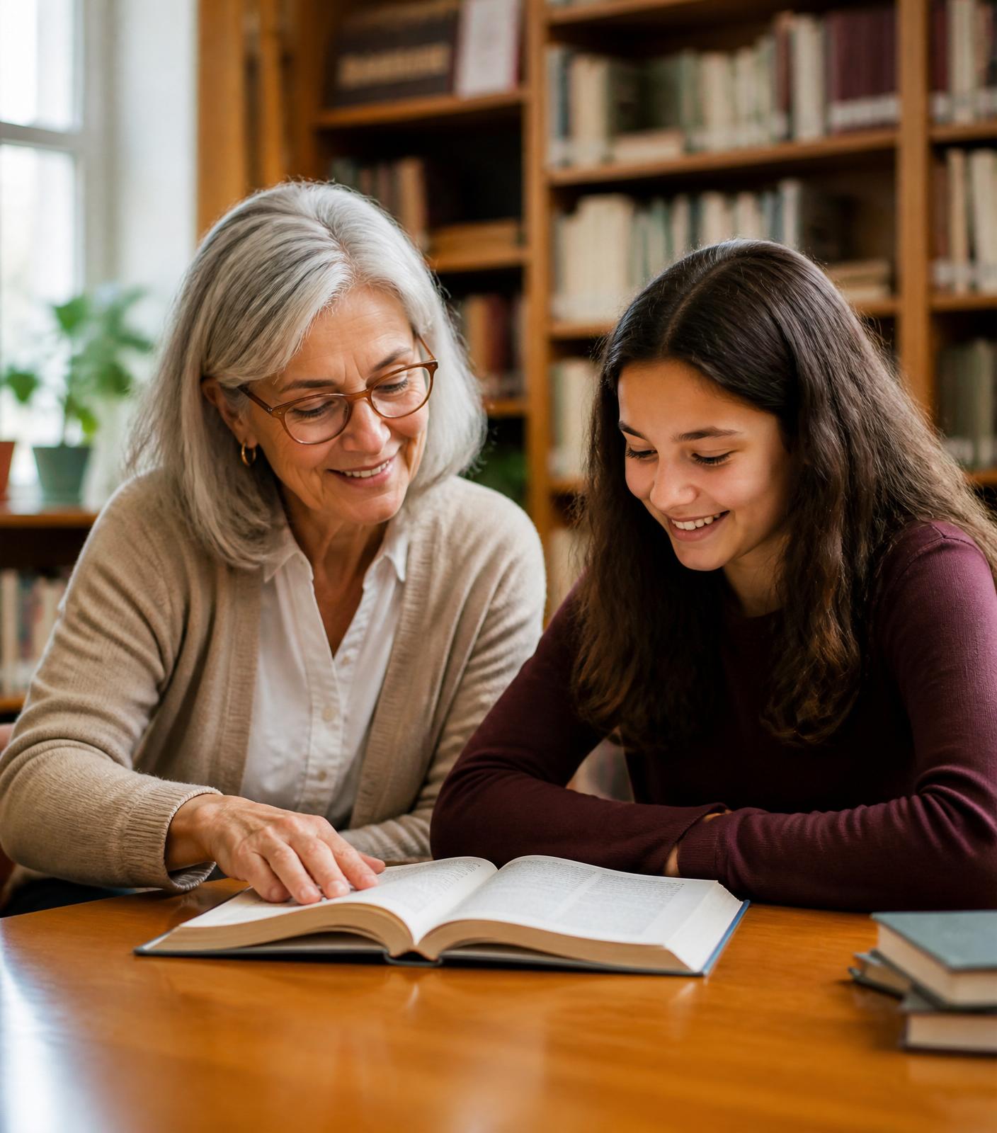 A retired teacher tutoring a student one-on-one