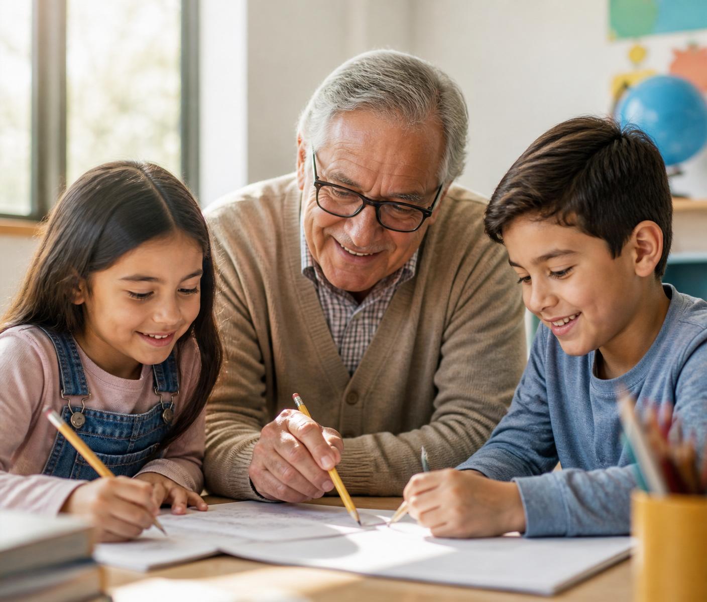 Retired teacher helping two students