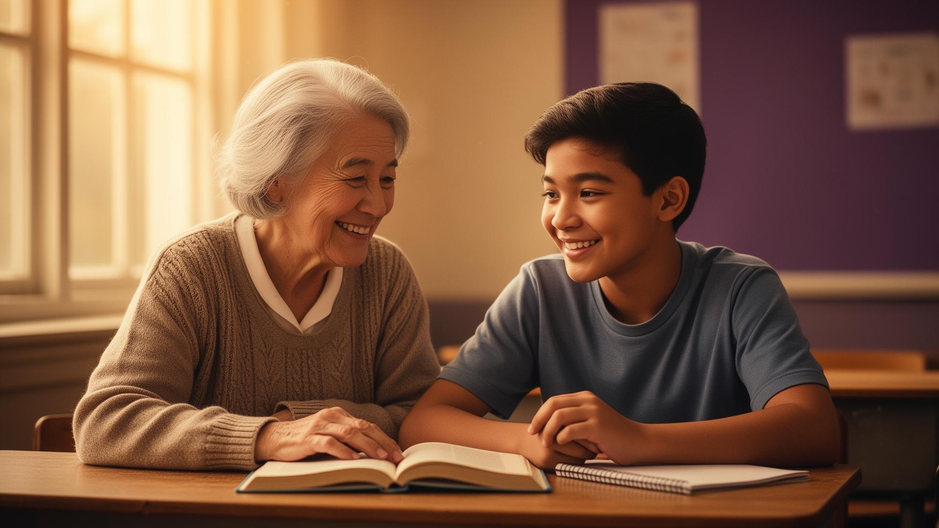 A retired teacher mentoring a young student